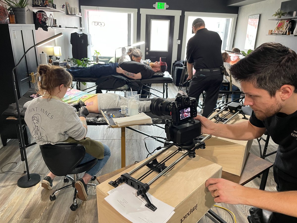 ThinkTV's tweet image. Our crew is over at Saint Anne's Tattoo in Dayton filming a segment for The Art Show. Do you have any tattoos? Drop a pic! #pbs #localpbs #localart #tattoos #ohiopbs