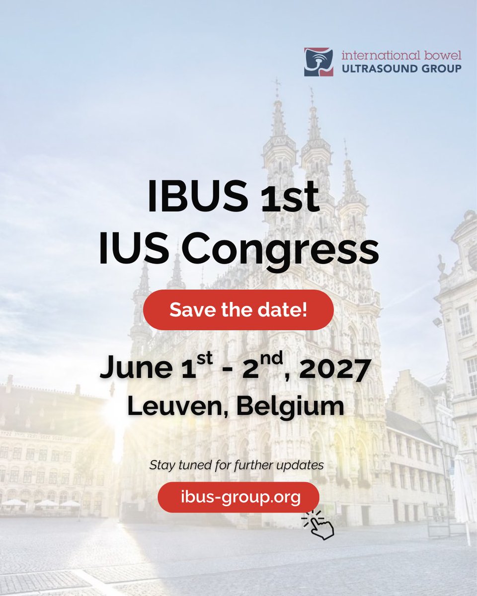 BowelUltrasound's tweet photo. IBUS will celebrate its 10th year in 2027 🎉

IBUS is celebrating this milestone inviting you to its first International Conference on Intestinal Ultrasound &amp; Non-Invasive Monitoring in IBD taking place on June 1st – 2nd, 2027 in Leuven, Belgium. https://t.co/CXNsf1NEJS