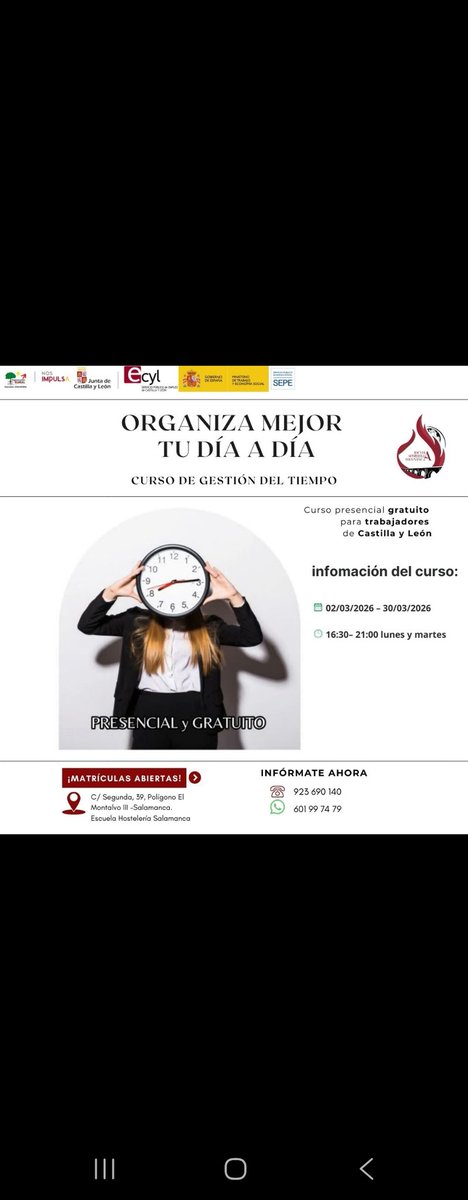 charra36554's tweet photo. ⏰ Mejora tu organización y saca el máximo partido a tu tiempo.
Abiertas las matrículas del curso presencial y gratuito de Gestión del Tiempo para trabajadores de Castilla y León.
📍 Salamanca | Plazas limitadas | ¡Infórmate y reserva la tuya! https://t.co/iTnuqUlZf3