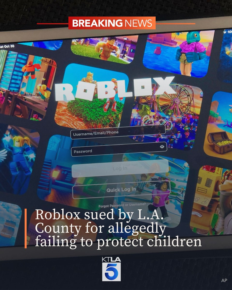 #BREAKING: Los Angeles County on Thursday announced it has filed a lawsuit against Roblox, the popular online gaming platform, alleging the company failed to protect children from inappropriate content and child predators. Details: ktla.com/news/local-new…