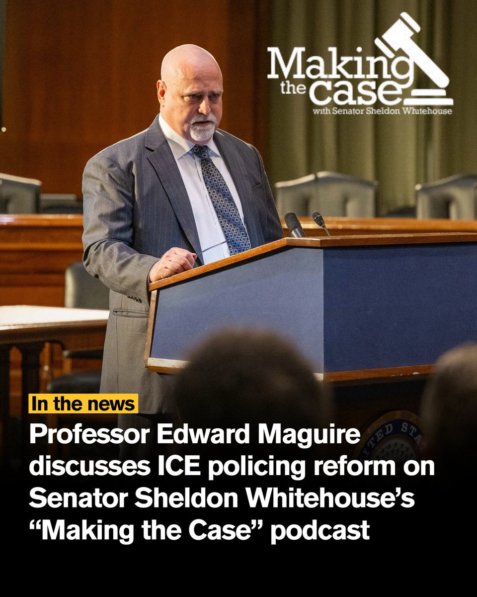 ASUCrimJustice's tweet photo. Professor Edward Maguire recently joined Senator Sheldon Whitehouse’s “Making the Case” podcast to discuss ICE policing reforms and how the Bivens Act and the Constitutional Accountability Act could increase accountability. Listen now: https://t.co/pp3hq3Rcrw https://t.co/RzEGjtn96B