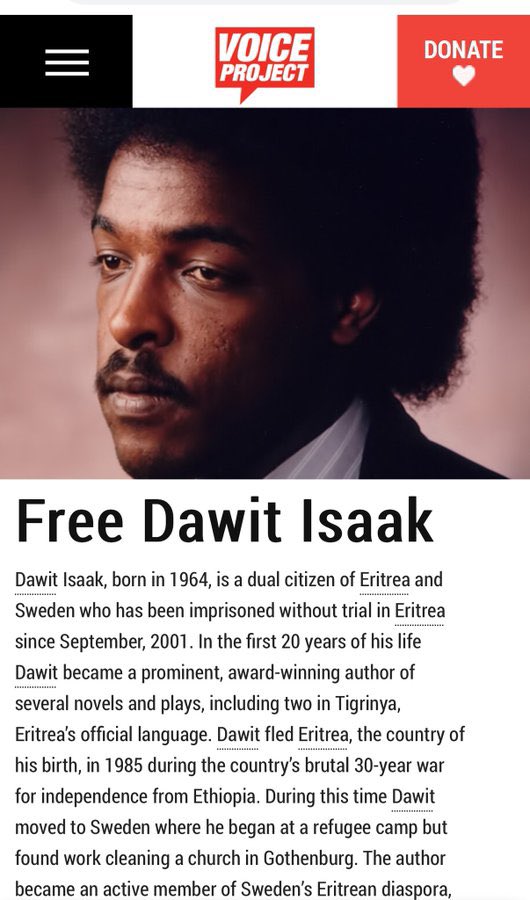 ErmiLiberty's tweet photo. There is no real freedom of speech in Eritrea. Journalists have reportedly been imprisoned for more than two decades because of their political views, with many held without trial or contact with their families. The world must not ignore their voices. #PressFreedom #HumanRights

It’s time to end the terror of #PFDJ to democratize Eritrea .

It’s time to end the terror of #PFDJ to democratize Eritrea .

#FreeDawitIssak #BlueRevolution #RegimeChangeInEritrea #EBRF 
@PeterEdholm @MariaStenergard
@sarakukkasalam @Edelstam
@sthlmsvanstern @bergersus
@EKazinic @SwedeninEU
@polisen_sthlm @SwedenGeneva
@Aftonbladet @Expressen @DNDebatt @SweMFA @SwedishPM
@strandhall @liberalerna @ElizabethTecle @socialdep @AnnLinde @Sverigesriksdag @moderaterna
@socialdemokrat @miljopartiet
@Centerpartiet @U_Kristofferson