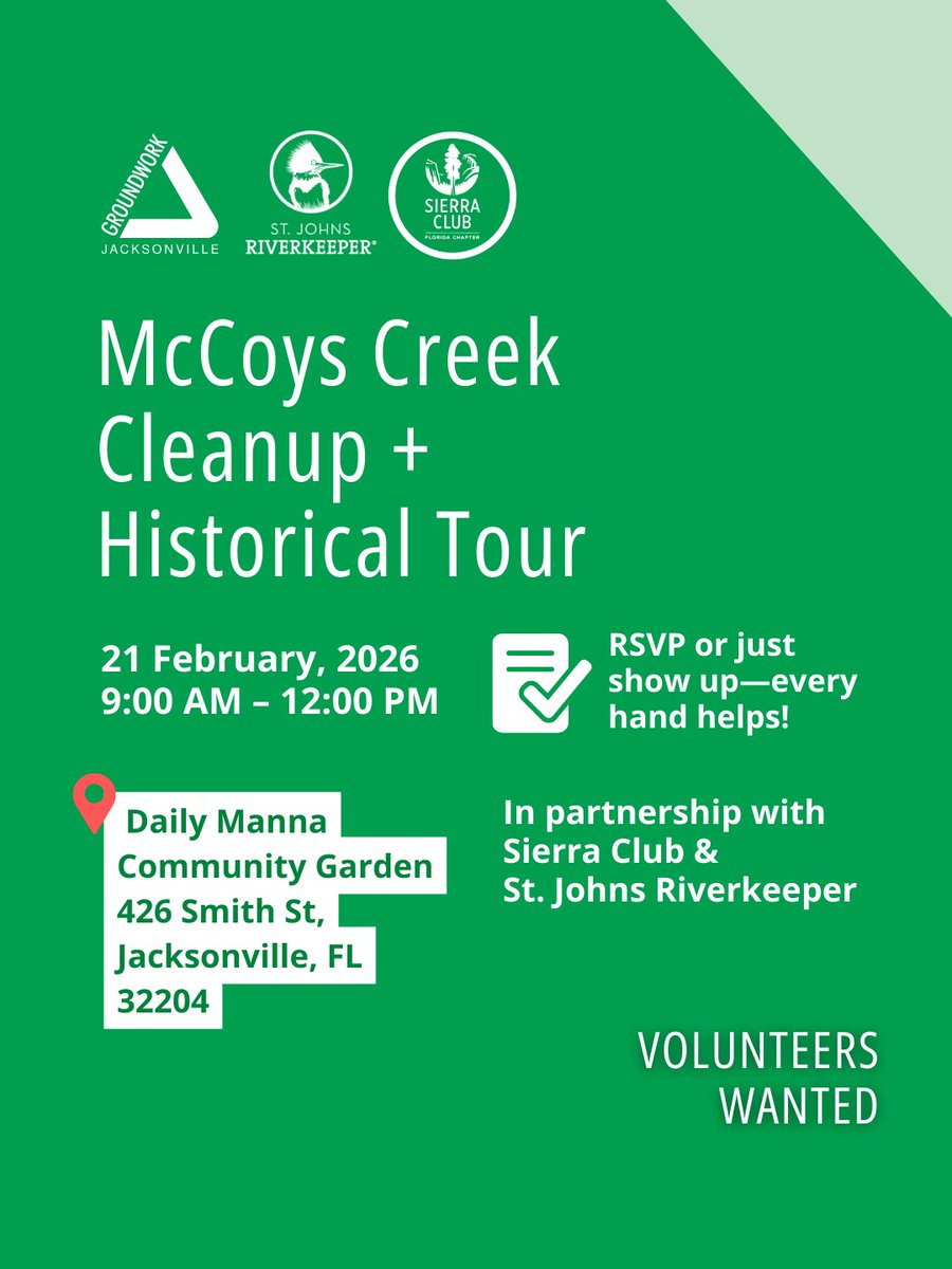 GroundworkJax's tweet photo. Join Groundwork Jacksonville, @NEFLSierraClub, and @SJRiverkeeper for a cleanup and guided creek tour. Learn, connect, and make a real impact. ๐
๐ Sign up: https://t.co/s2UKPEWRgp
#groundworkjax #mccoyscreek #thingstodojax https://t.co/e1C1XfuyTi