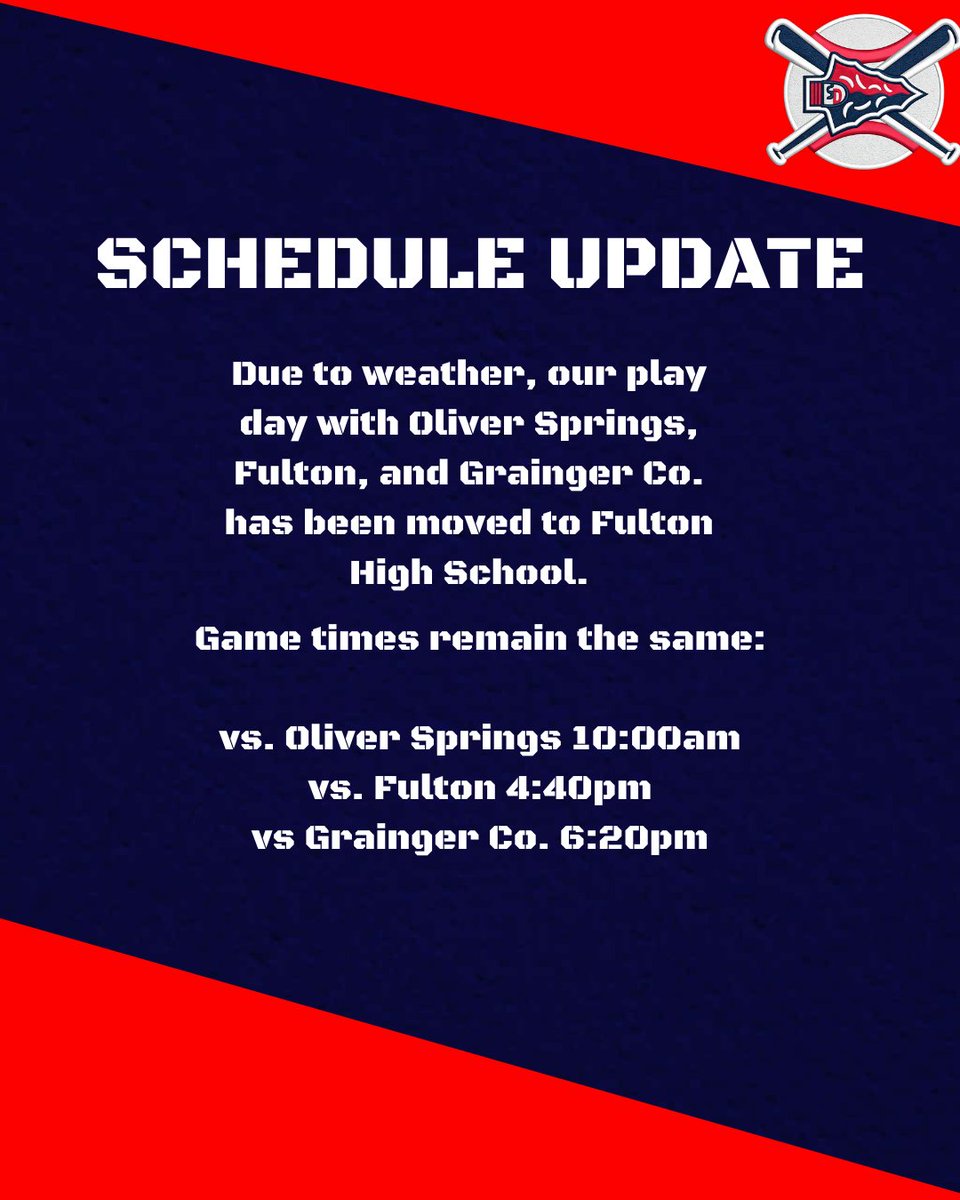 SDbaseballKees's tweet image. Update on this Saturday, 2/21, Play Day with Fulton, Grainger Co., and Oliver Springs.