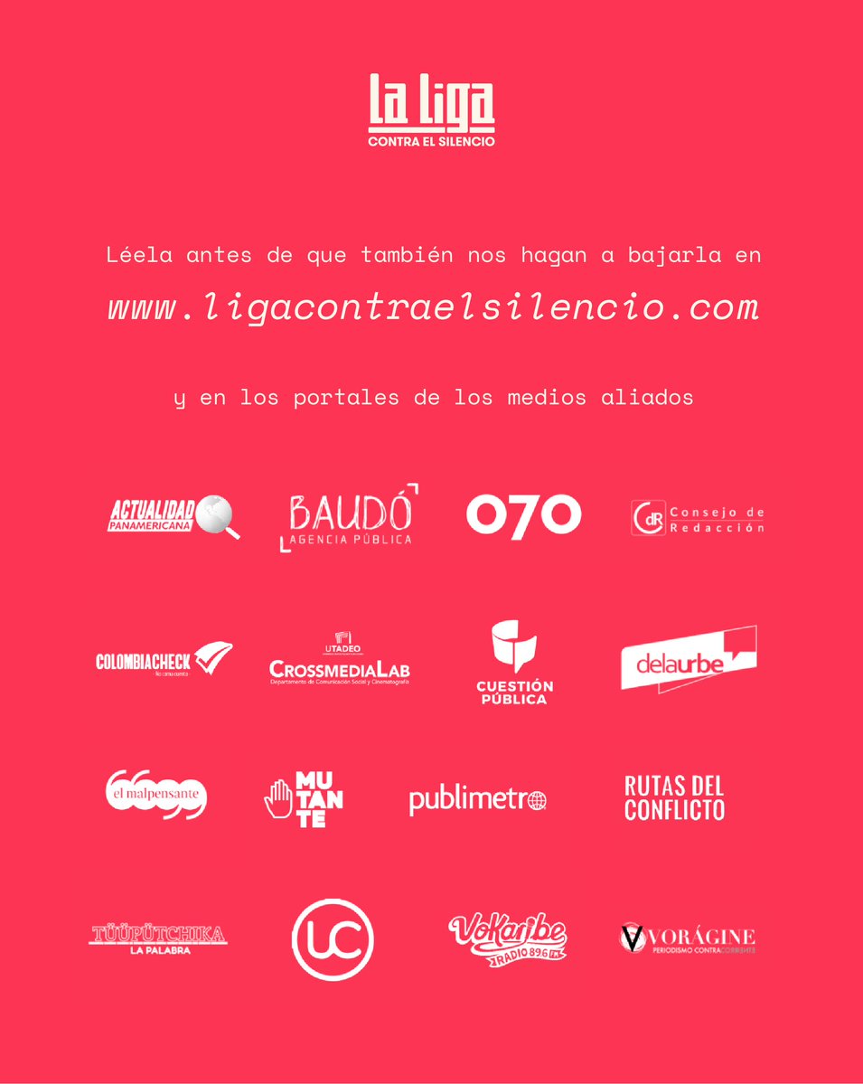 Cuando intentan callar a uno, respondemos todos.
Retirar una investigación de <a href="/Casa_Macondo/">CasaMacondo</a> por presión judicial es un ataque a la libertad de prensa y al derecho a la información.
Desde La Liga Contra el Silencio republicamos la nota:
ligacontraelsilencio.com/2026/02/19/pre…