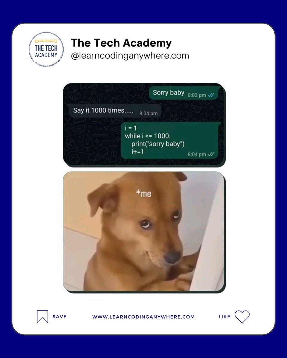 TheTechAcad's tweet photo. Me apologizing in bulk. ๐ญ๐คฃ
#learncodinganywhere #learntocode #thetechacademy #codingmeme #programmerhumor #funny #programmermeme #codememe #codehumor #juniordeveloper https://t.co/JkFyTgoZZ2