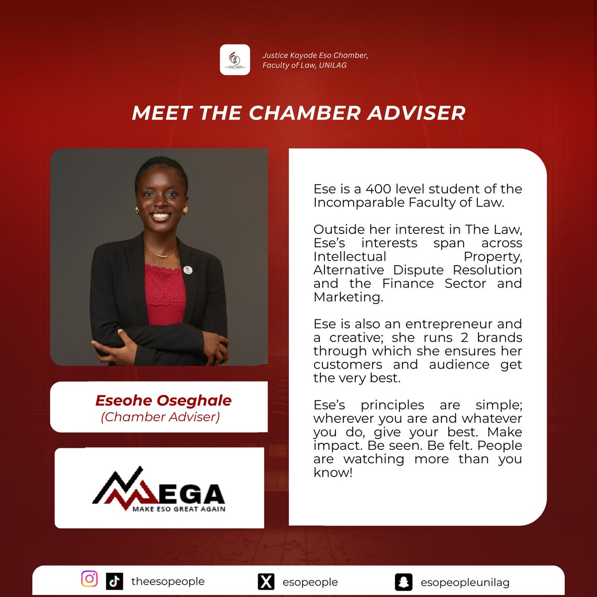 EVERY STRUCTURE NEEDS AN ARCHITECT.

As Chamber Adviser, she brings foresight shaped by law, business, passion, and creativity.
She refines ideas and ensures the Chamber’s ambition is realized with purpose.

Meet Eseohe Oseghale, The Chamber Adviser.

THE MEGA TEAM.