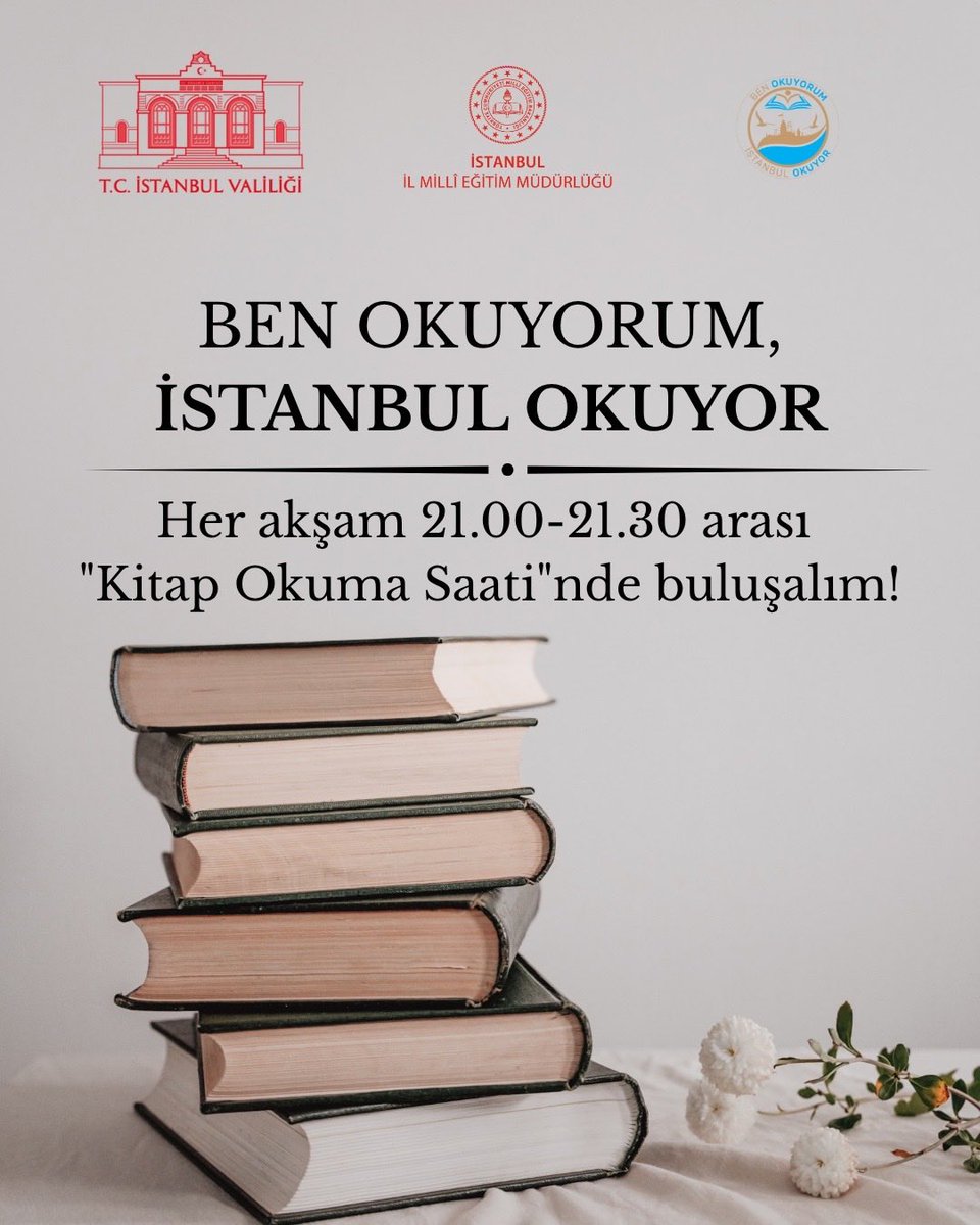 📚 #BenOkuyorumİstanbulOkuyor projesi kapsamında başlattığımız okuma etkinliğine sen de katıl!

Her akşam 21.00- 21.30 arası yarım saatini kitap okumaya ayır!

✨️ Haydi İstanbul, hep birlikte okuyalım!

<a href="/tcmeb/">Millî Eğitim Bakanlığı</a> <a href="/Yusuf__Tekin/">Yusuf Tekin</a> 
<a href="/TC_istanbul/">TC İstanbul Valiliği</a> <a href="/gul_davut/">Davut GÜL</a> 
<a href="/MucahitYentur/">Murat Mücahit Yentür</a>