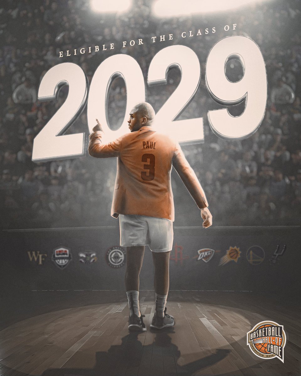 Hoophall's tweet photo. Already in the Naismith Basketball Hall of Fame as a member of the 2008 @usabasketball National team, Chris Paul will be eligible as a player for the Class of 2029. Congratulations on a legendary career. 🏀 #29HoopClass https://t.co/P3VYwKWzMd