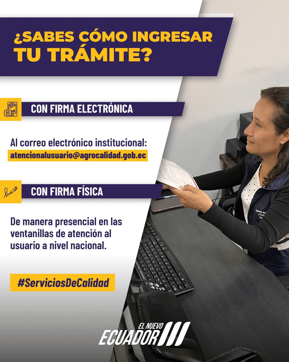 AgrocalidadEC's tweet photo. Ingresa tus trámites en Agrocalidad de forma ágil y rápida: 

📨 Con firma electrónica ➡️ atencionalusuario@agrocalidad.gob.ec 

👨🏻‍💼 Con firma física ➡️ Ventanilla 

#ServiciosDeCalidad https://t.co/xJ2buTY5Jm
