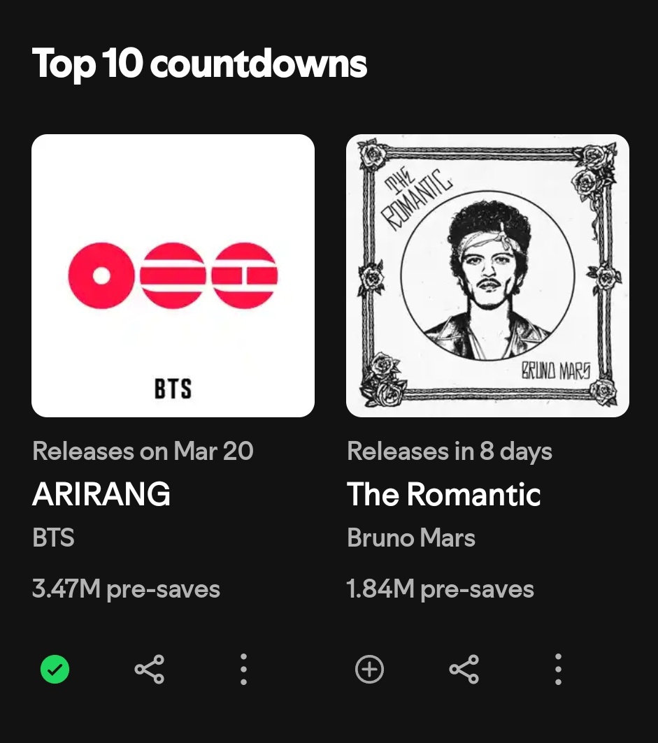 pjmIesviu's tweet image. 🚨 NO DEJAR DE DIFUNDIR! Debemos llegar a la meta para el récord, los preguardados deben subir, NECESITAMOS QUE MAS SE UNAN 🙏😭

— #BTS_ARIRANG: 3.47M (+20k) / META: 7M‼️
— Album más preguardado: 6M (GAP: 2.7M)

PRE SAVE ARIRANG
ARIRANG IS COMING
BTS IS COMING
#BTSComeback2026