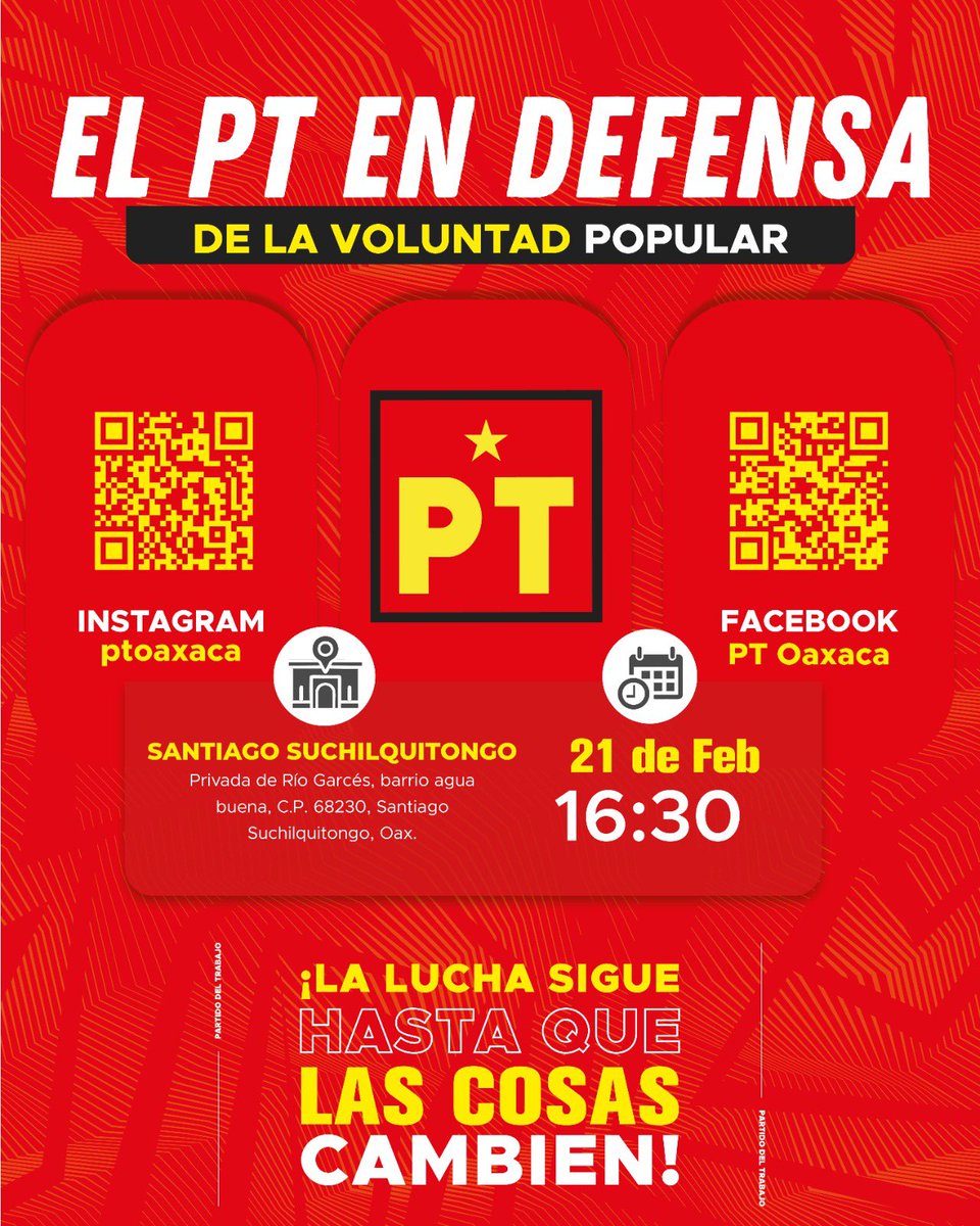 En el PT Oaxaca, seguimos firmes en la lucha por la transformación que nuestra gente merece. Te esperamos este sábado para alzar la voz juntos. No es solo una reunión, es el movimiento que hará que las cosas cambien.  #PTOaxaca #SantiagoSuchilquitongo #LaLuchaSigue #Oaxaca