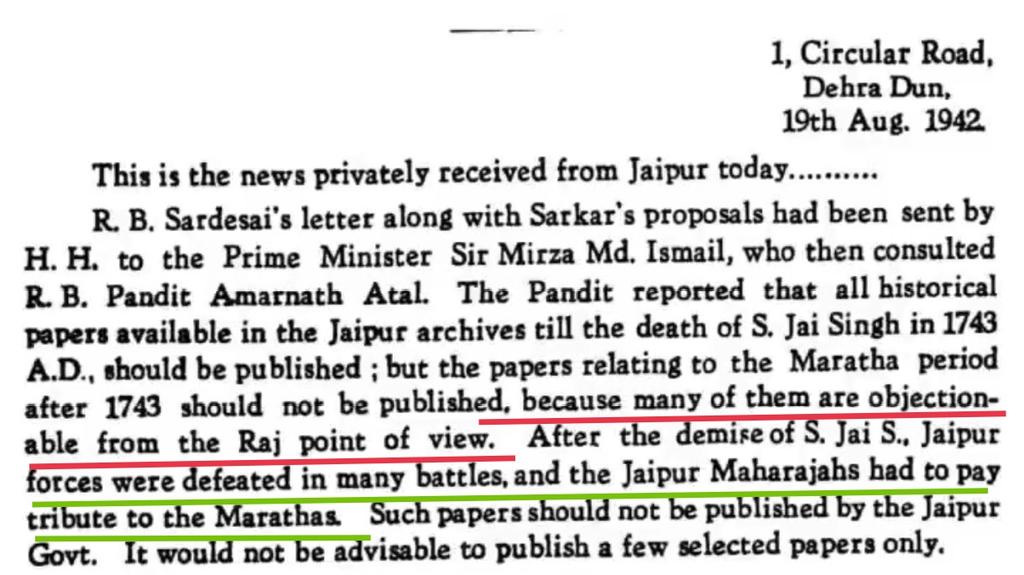Shreenivas31495's tweet photo. धन्यवाद राजे @Mudhojiraje 

जयपूर घराण्याला मराठ्यांच्या अधिपत्याखाली असण्याचा कमीपणा वाटणे नवीन नाही. त्यांनी जदुनाथ सरकार या इतिहासकाराला सुद्धा १७४३ नंतर ची निवडक कागदपत्रे प्रकाशित करण्यात येऊ नये असे पत्र लिहिले होते. https://t.co/O3dD0YK7GP