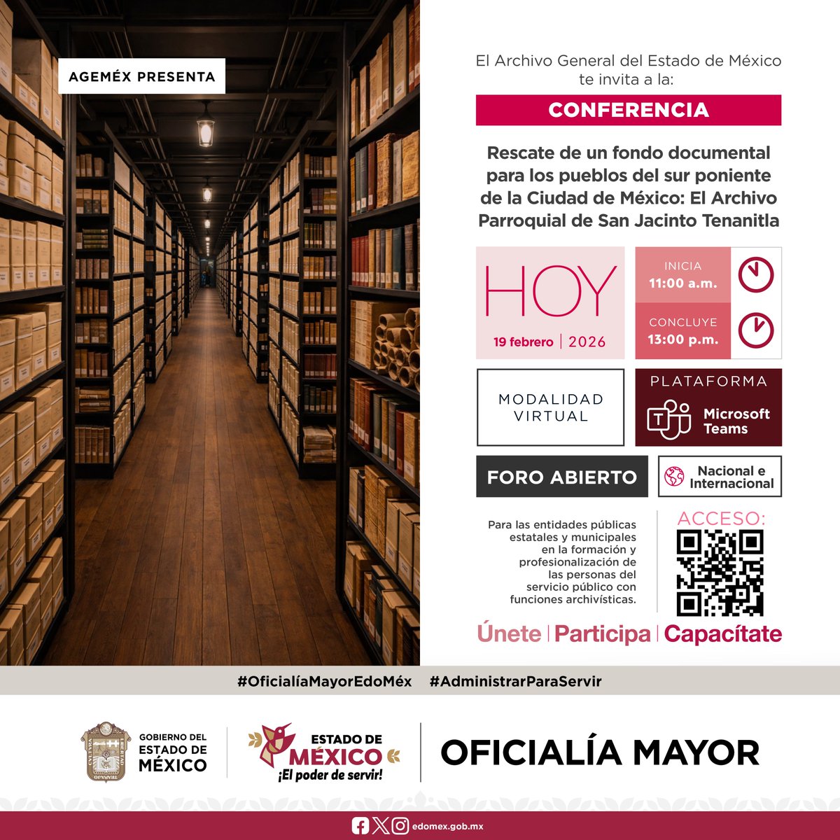 agem_mex's tweet photo. El @agem_mex, te invita a participar #Hoy en la #Conferencia "Rescate de un #FondoDocumental para los pueblos del sur poniente de la Ciudad de México: El #Archivo Parroquial de San Jacinto #Tenanitla".
Sigue la transmisión en el QR o en:
https://t.co/T1gInzJsPX
#AGEMÉXInforma https://t.co/Fs52NsM803