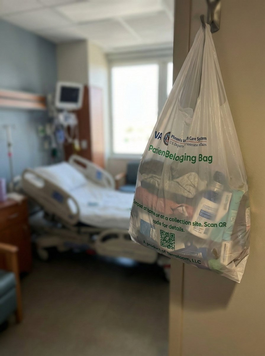 terraloam's tweet photo. When a patient is discharged, the last thing they take with them is their belongings. Last year, the Phoenix VA replaced 86,000 single-use plastic bags with our compostable solution.

That is over 180 trillion nano microplastics stopped at the source. https://t.co/YNmCnW2Tzo