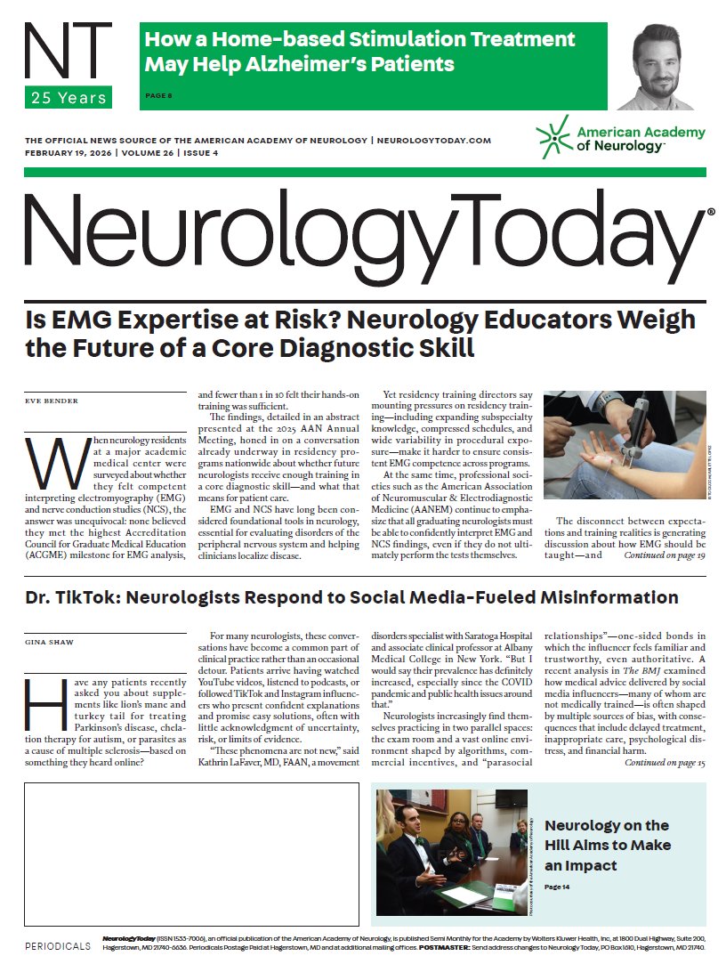 NeurologyToday's tweet image. Our new issue is live! Check out stories about the future of #EMG training, #GLP1s and #epilepsy risk, a combination therapy for recurrent IDH-mutant #astrocytoma, and more: hubs.la/Q043PZFj0

#NeuroTwitter #NeurologyToday