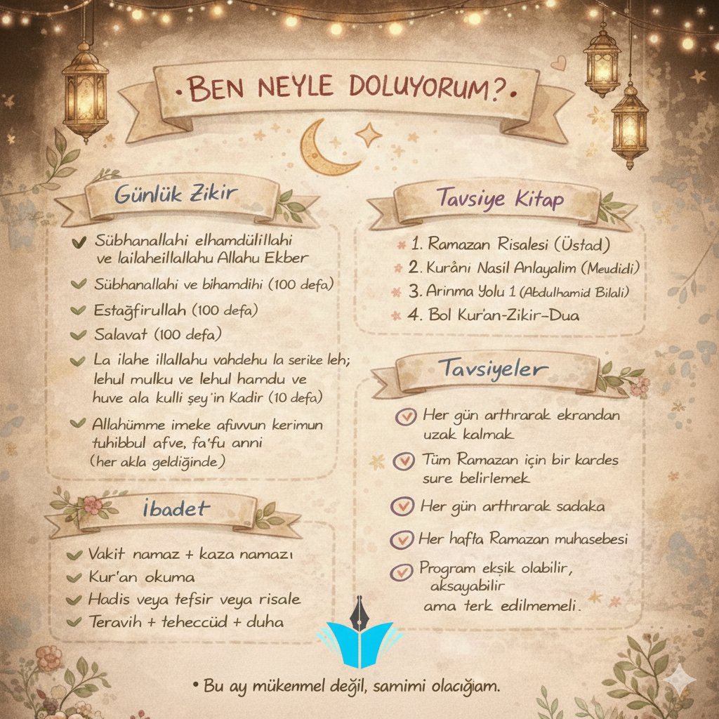 " Bu ayı rastgele değil, niyetle yaşayalım. 🌙"
İdeal Gençlik olarak Ramazan’ı planlı, istikrarlı ve şuurlu geçirmek için bir takip çizelgesi hazırladık.
Küçük adımlar, büyük dönüşümlere vesile olur.
Tüm İslam aleminin Ramazan-ı Şerif'i mübarek olsun...
#Ramadan2026