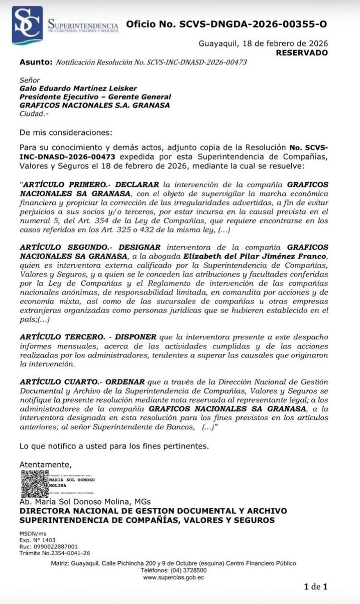 #URGENTE: La Superintedencia de Compañías acaba de intervenir Gráficos Nacionales, editores de los diarios Expresó y Extra.
   Ha sido designada interventora la Ab Elizabeth Jiménez Franco.