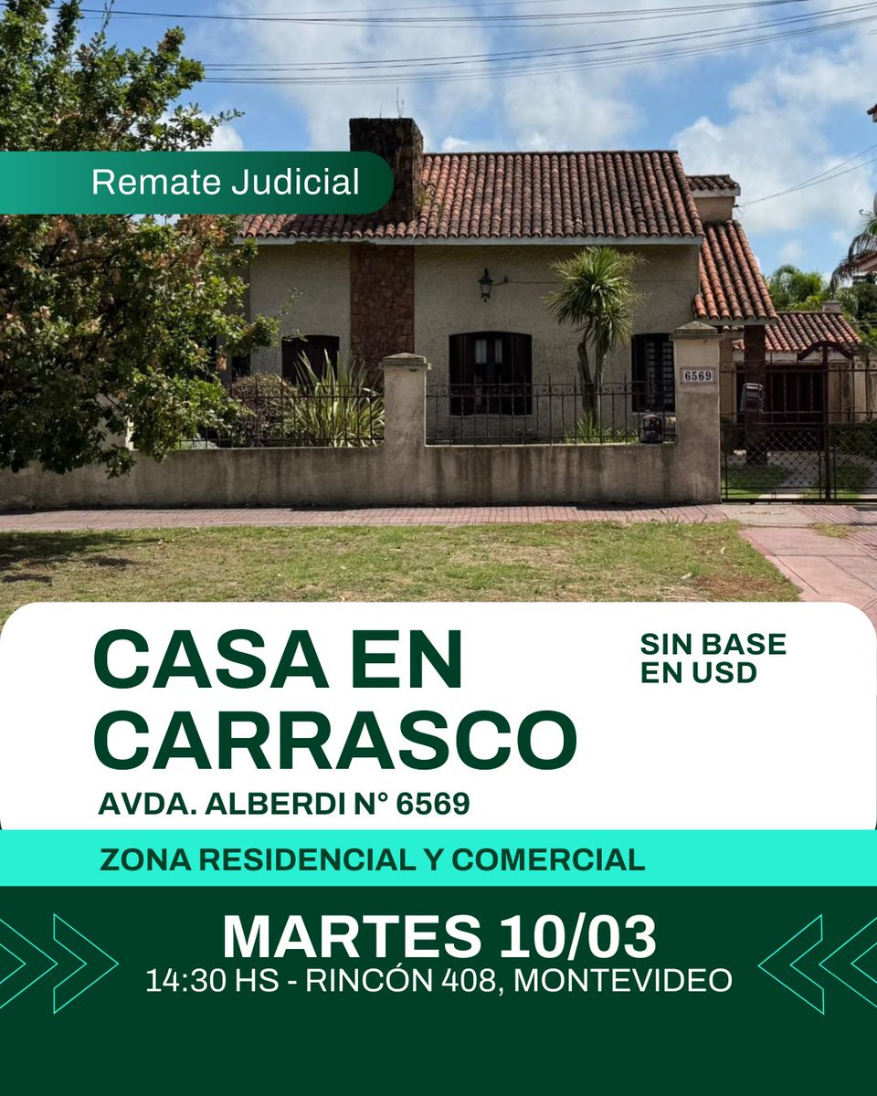 iocco1949's tweet photo. ⚖️ REMATE JUDICIAL — CASA EN CARRASCO
📍 Av. Juan Bautista Alberdi 6569

🏠 4 dorm. · 2 baños · 217 m² ed.
🌳 Terreno 819 m² · 🏊 Piscina · 🔥 Barbacoa · 🚗 Garaje  🖥️ Escritorio 

Remate:
📅 10/03/2026 · ⏰ 14:30
📍 Rincón 408 · Montevideo

💰 Sin base · 💵 En USD https://t.co/BpUQIZxSk1