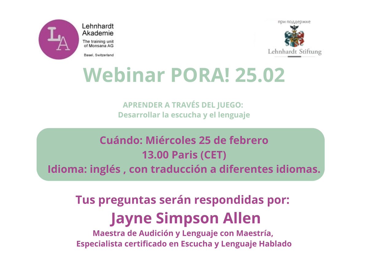 federacionaice's tweet photo. NUEVO PORA! "Aprender a través del juego:
Desarrollar la escucha y el lenguaje" Cuándo: Miércoles 25 de febrero Horario: 13.00 Madrid Registro: https://t.co/voWoCVJs8C #implantecoclear #discapacidadauditiva https://t.co/0jV6Z8qoaD