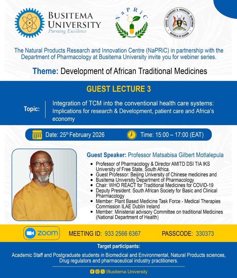 This is the talk of the year 2026 that all TCM PLAYERS SHOULD NOT MISS!! ⁦<a href="/UFSweb/">UFS</a>⁩ ⁦<a href="/BusitemaUni/">Busitema University</a>⁩ ⁦<a href="/Makerere/">Makerere University</a>⁩ ⁦<a href="/MbararaUST/">Mbarara University</a>⁩ ⁦<a href="/napreca/">NaprecaNetwork</a>⁩ ⁦<a href="/SASBCP/">SASBCP</a>⁩ ⁦<a href="/ProfPaulWaako/">Paul Waako, PhD</a>⁩ ⁦<a href="/bunapric/">Natural Products Research & Innovation Centre</a>⁩