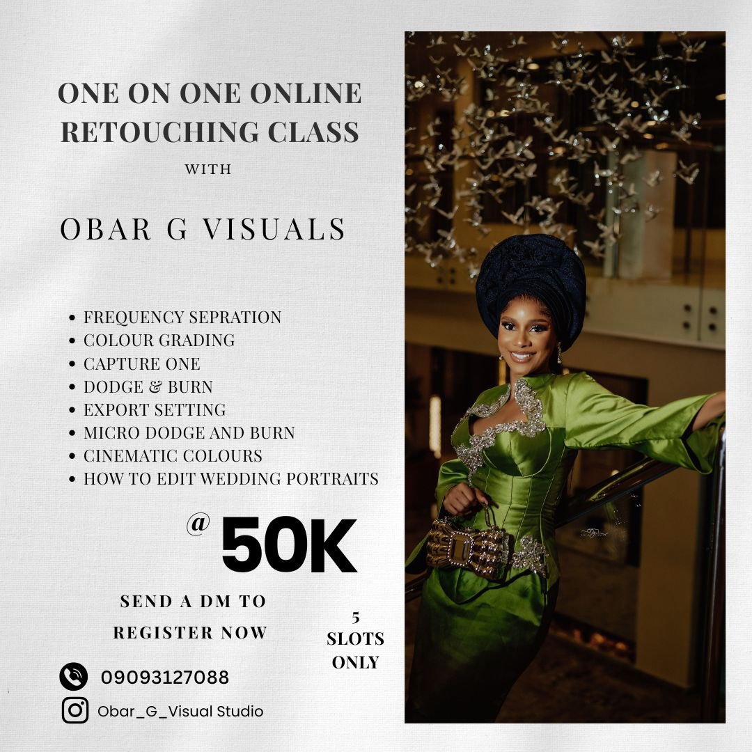Obar_G_Visuals's tweet photo. Good evening 
I’m hosting an exclusive 1-on-1 online retouching class, available only to 5 people at a discounted rate. 
Learn my full retouching workflow, step by step. For 50k 3 days only 
DM now to grab your slot before it’s gone💻📸 https://t.co/6G9cNrlC6K