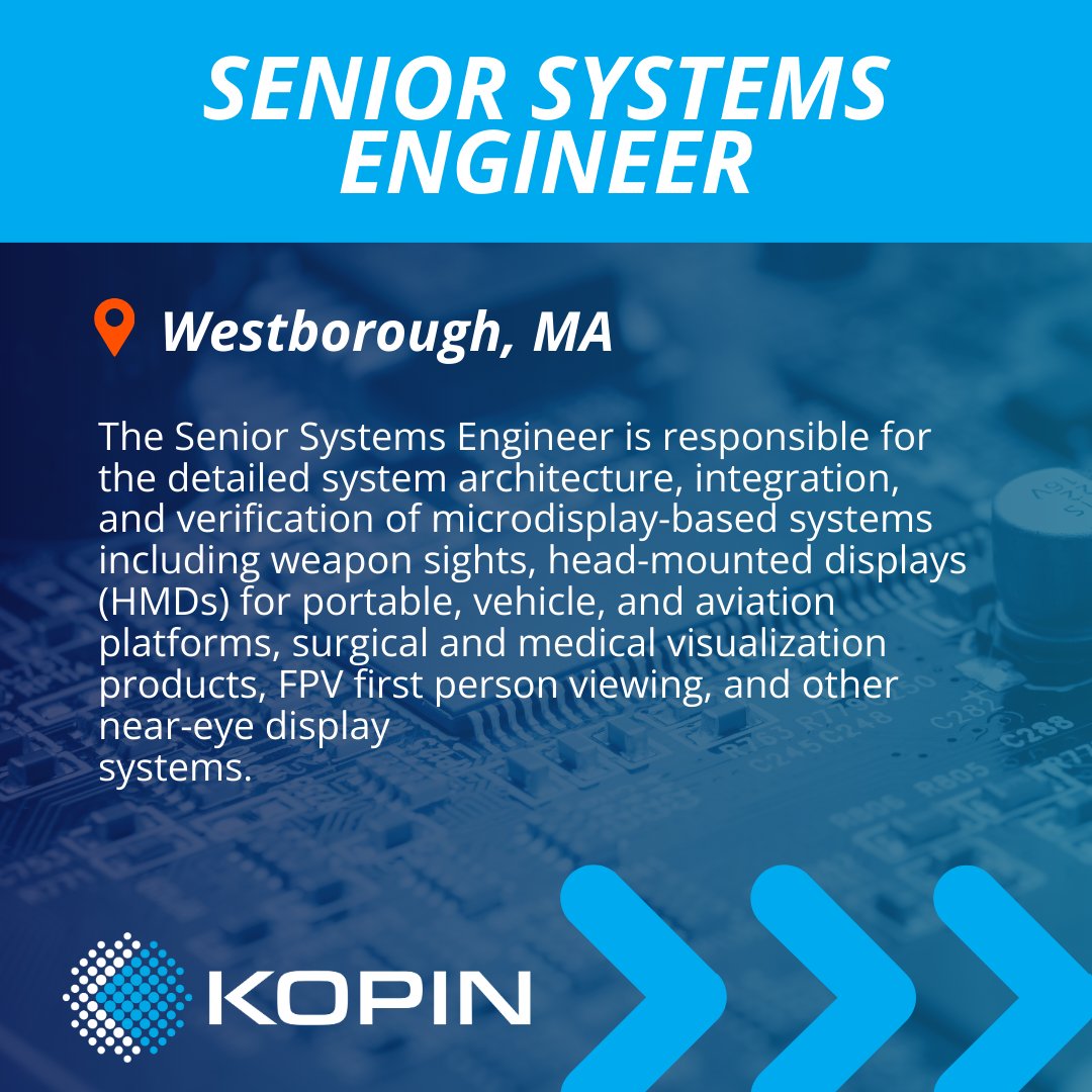 kopin's tweet image. Build what’s next at Kopin. 

We’re hiring a Senior Systems Engineer for microdisplay-based near-eye systems. 

Apply here 👇

shorturl.at/BziIF

#KopinCareers #AugmentedReality #ArtificialIntelligence