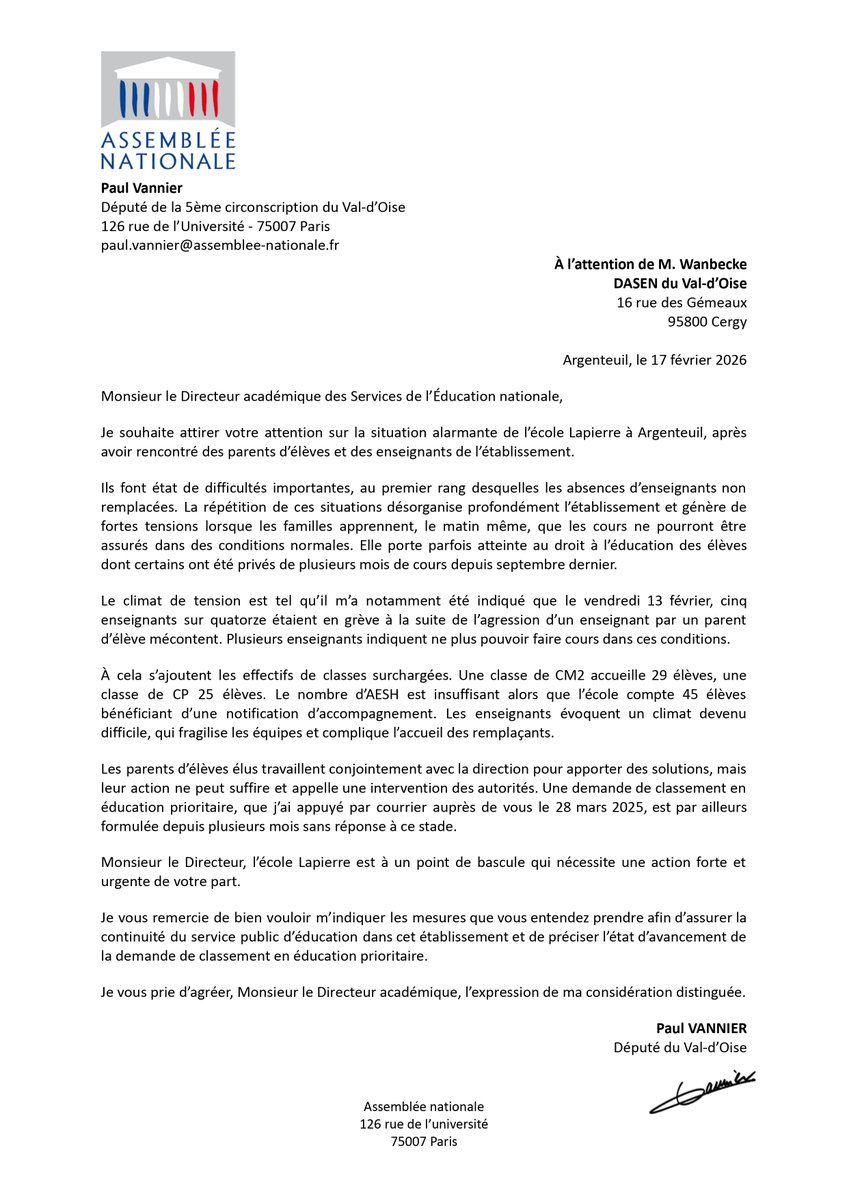 Suite à l’alerte des parents d’élèves et des enseignants de l’école Lapierre à Argenteuil, je demande l’intervention du DASEN.

Classes qui débordent, violences, professeurs non remplacés, AESH en nombre insuffisant, le droit à l’éducation des élèves y est mis à mal.

Les