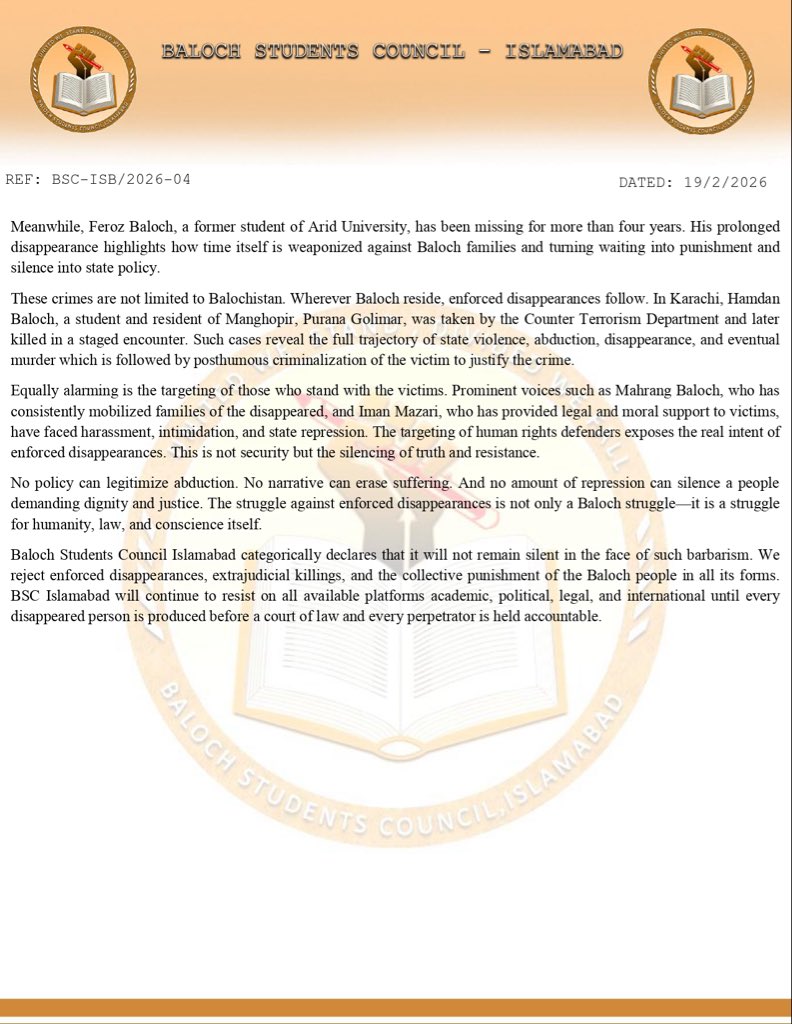 Illegal Practice of Enforced Disappearances and Targeting Baloch Students is a blatant violation of human rights

BSC ISLAMABAD