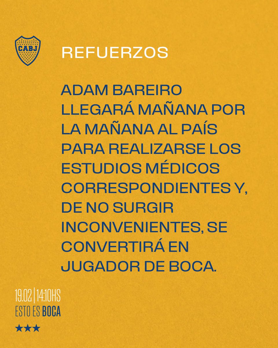 #Refuerzos 

Adam Bareiro llegará mañana por la mañana al país para realizarse los estudios médicos correspondientes y, de no surgir inconvenientes, se convertirá en jugador de Boca.