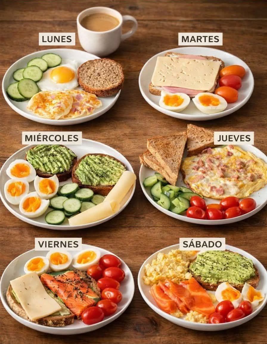 Menu semanal saludable

LUNES
-Huevos estrellado
-Pan
-pepino

MARTES
-Pan con queso y jamón
-Huevo
-Tomates cherry

MIERCOLES
-Pan con Aguacate
-Huevos duros
-Queso

JUEVES
-Huevos
-Pan tostado
-jitomate cherry

VIERNES
-Toast de aguacate, Jamón, queso y salami

SABADO
-Huevos