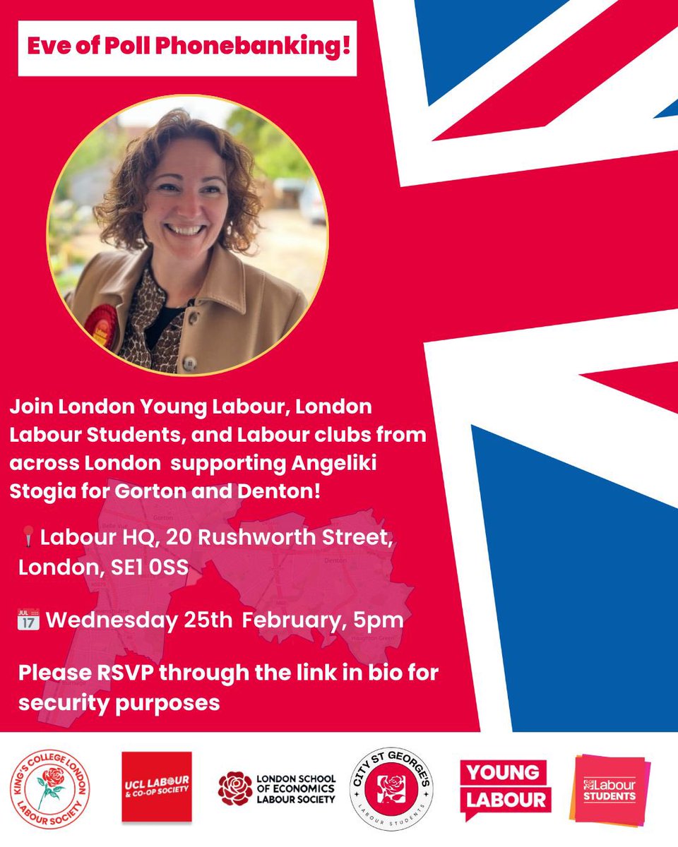 Join London Young Labour, London Labour Students, and Labour clubs from across London supporting Angeliki Stogia for Gorton and Denton! 

📍 Labour HQ, 20 Rushworth Street, London, SE1 0SS
📅 Wednesday 25th February, 5pm

Please RSVP through the link in bio 🌹