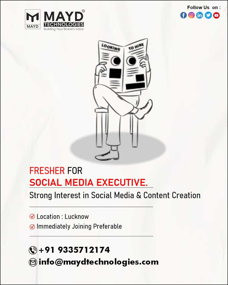 LtdMayd's tweet photo. We’re hiring! 🎯
Looking for a Fresher Social Media Executive in Lucknow 
If you love social media &amp; content creation, this opportunity is for you!

✅ Immediate joining preferred
📞 Apply now: +91 9335712174
📧 info@maydtechnologies.com

#SocialMediaExecutive #MaydTechnologies https://t.co/4Dn2vmf984