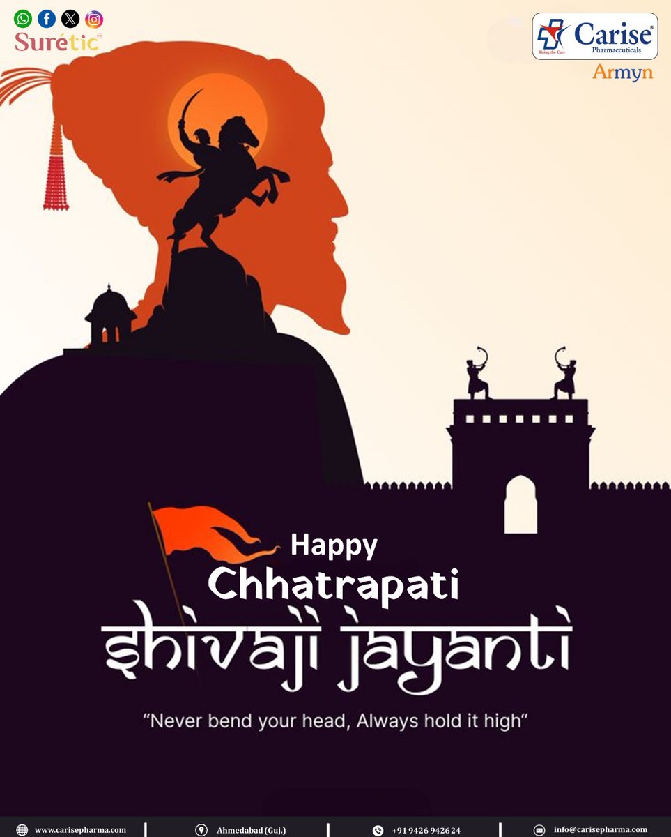 CarisePharma's tweet photo. Happy #Chhatrapati_Shivaji_Maharaj Jayanti !! 🚩🚩
- छत्रपति शिवाजी महाराज जयंती की हार्दिक शुभकामनाएं I 🙏🚩

#Carise #Armyn #Suretic
#ChhatrapatiShivajiMaharaj
#CarisePharma #Shivaji https://t.co/a8VXIeuG4Y