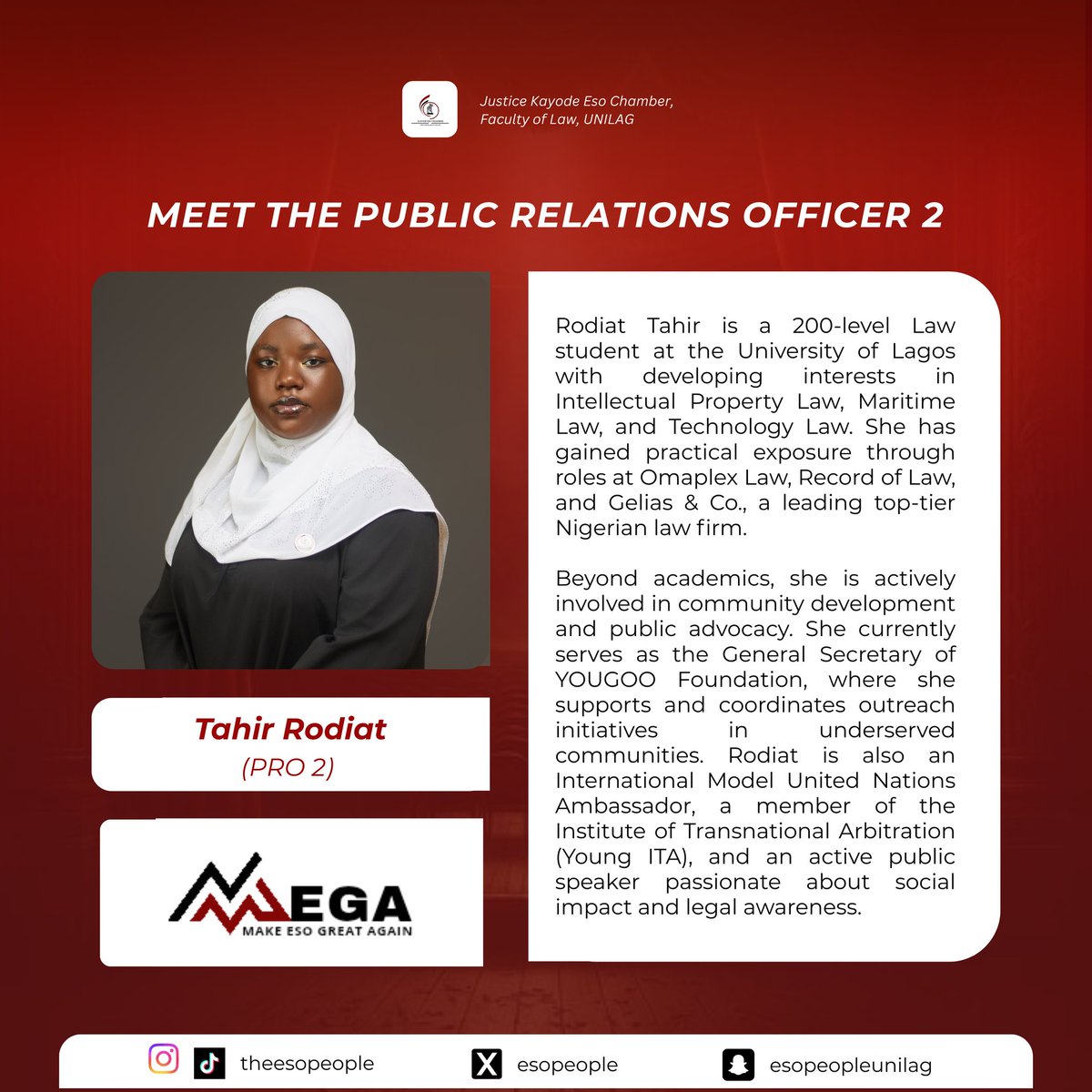 EVERY MESSAGE NEEDS A MESSENGER

As a public speaker, advocate, and international ambassador, she connects the Chamber to the world with clarity.
On every platform, she brings purpose and shapes the message
Meet Tahir Rodiat, our Public Relations Officer II.

THE MEGA TEAM