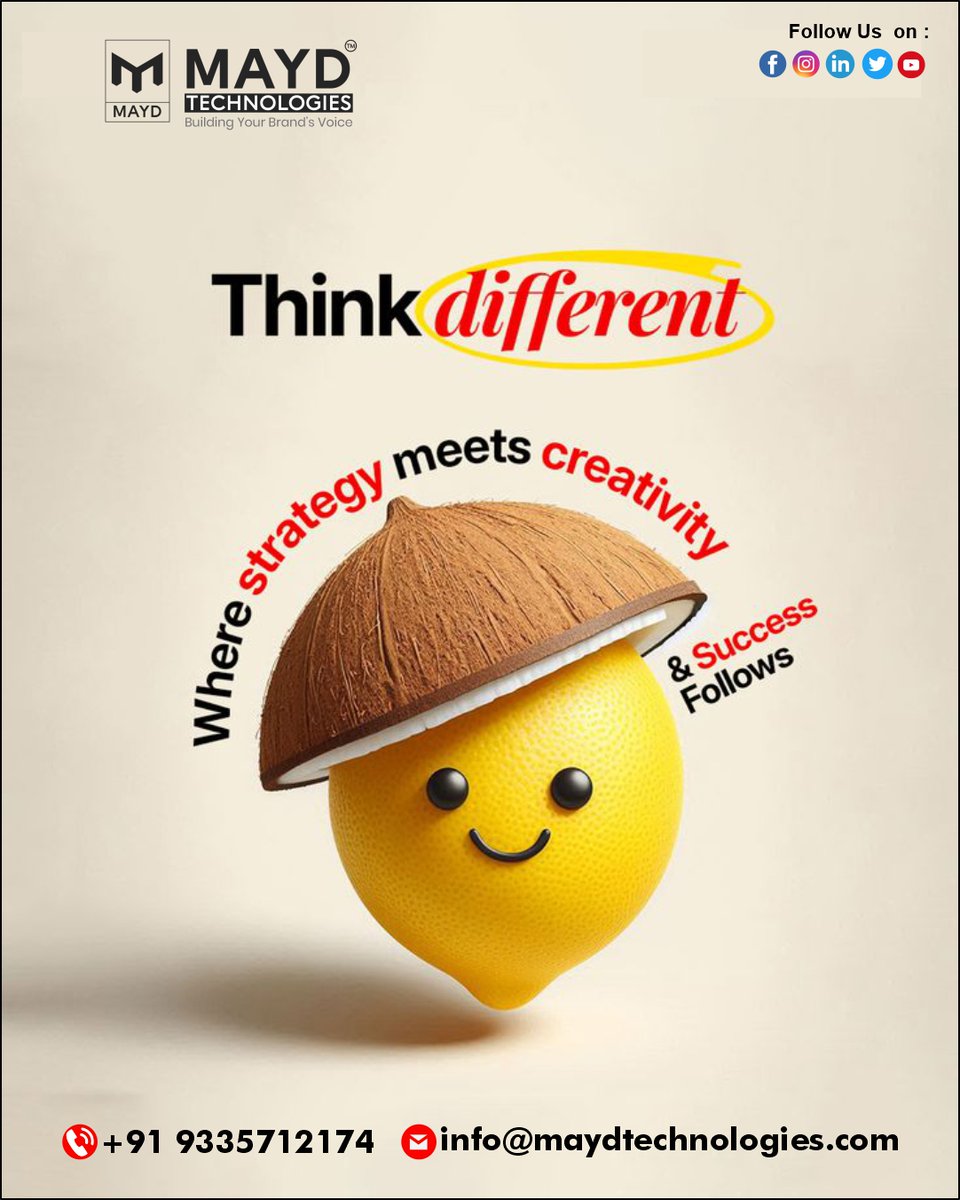 LtdMayd's tweet photo. Think different.
Because that’s where strategy meets creativity — and success follows.
At MAYD Technologies, we don’t follow trends.
We create them.
Ready to grow your brand digitally?

#DigitalMarketingAgency #BrandStrategy #CreativeMarketing #MaydTechnologies https://t.co/e6S4RVSRRU