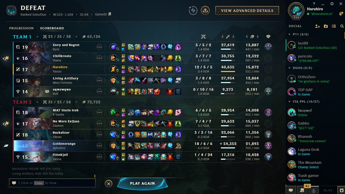 HaruhiroLoL's tweet photo. Crazy that I have to 1vs9 even when autofilled. https://t.co/7FdgzQUqNL