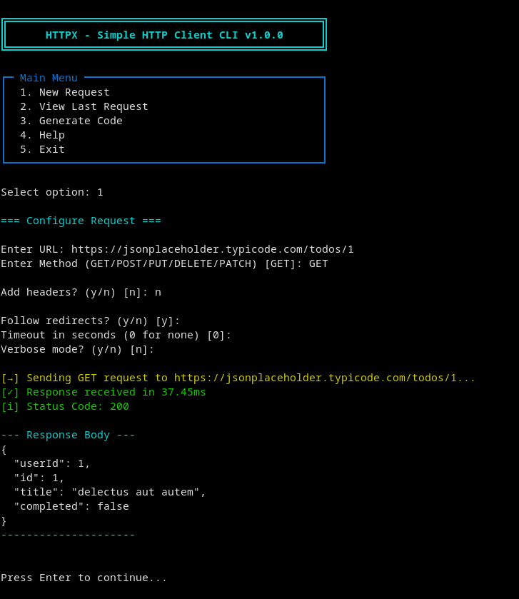 I built an HTTP client in C using libcurl.

tried to implement most of the features you'd expect

support for all http methods, custom headers, json formatting, response time tracking, and even code generation for multiple languages.

github.com/sudox77/httpx