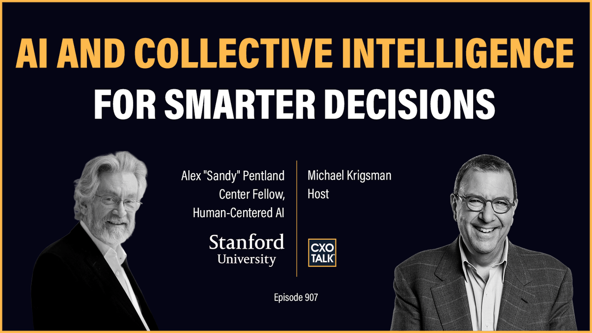 cxotalk's tweet photo. Hear the podcast of #CXOTalk ep. 907 w guest @Alex_Pentland, Ctr. Fellow @StanfordHAI.
Topic: #AI & Collective Intelligence for Smarter Decision-Making
https://t.co/VjXom9abCo
Do long-term planning 20, 30, 40 yrs + make decisions that get to each stage.
#SharedWisdom #HCAI #HumanCenteredAI #ResponsibleAI #ethicalAI