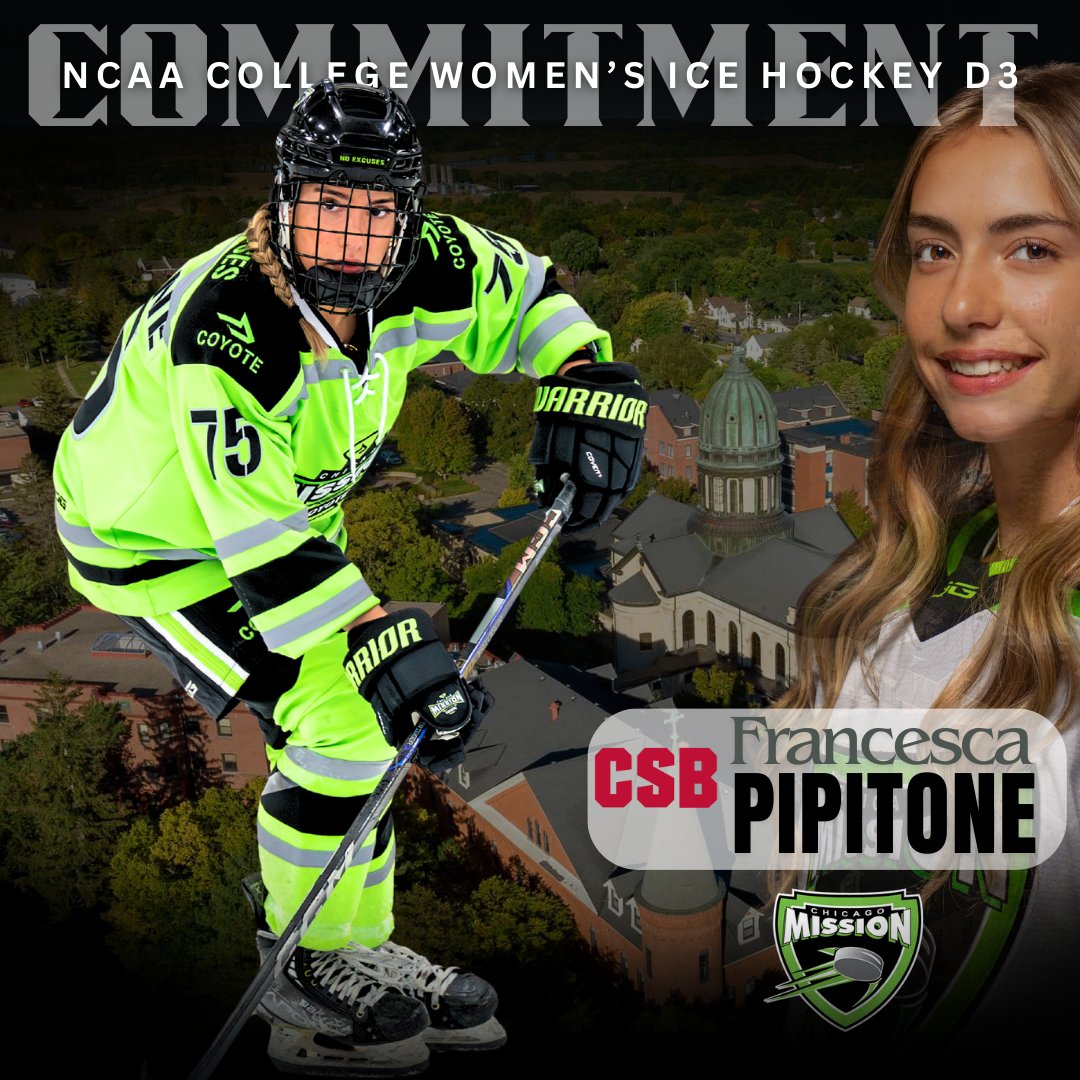 ChicagoMission's tweet photo. The Chicago Mission congratulates senior defenseman Francesca Pipitone on her commitment to the College of St. Benedict! 🟣⚪️A smooth-skating defender with a relentless work ethic, Frankie has earned selections to the Central District & USA National https://t.co/FfkHmJMiL8 memory: GWG in double OT to win State at 12U! 🏒🔥Plans to study pre-dentistry.Congrats to the Pipitone family!🔗 https://t.co/kFQqNlvBJV