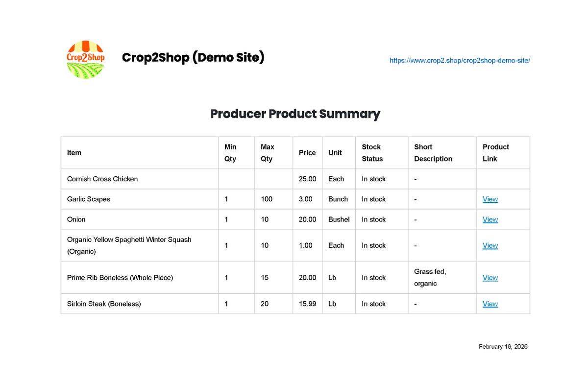 New Features  for our Crop2Shop Producers in 2026! 1) Bulk edit your product  information in spreadsheet form to quickly update pricing and inventory, and 2) Quickly generate a price list that shows product information, your logo, date and hyperlink to your "Virtual Farmstand."😄