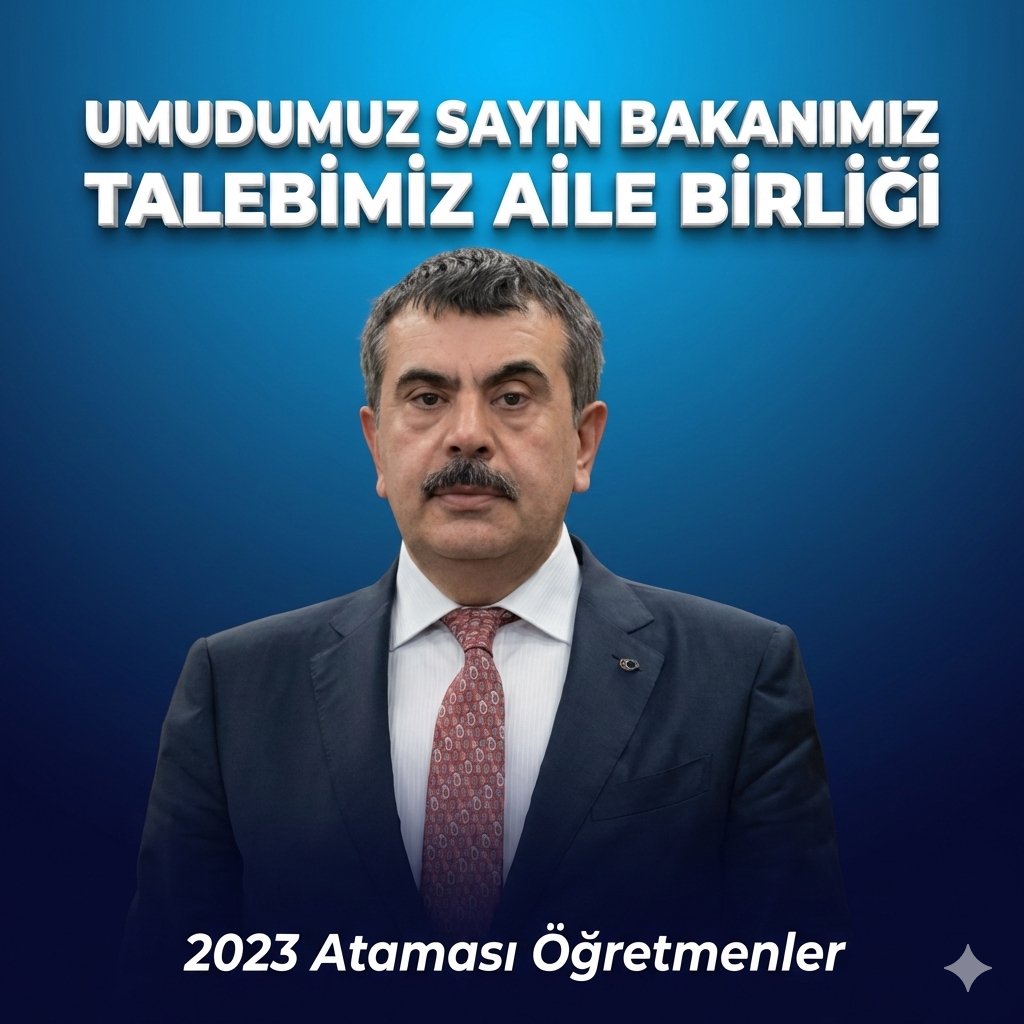 Sayın Bakanımız <a href="/Yusuf__Tekin/">Yusuf Tekin</a> ve Personel Genel Müdürümüz <a href="/cftcblnt/">Bülent ÇİFTCİ</a>,
Eğitime, öğretmene ve aile birliğine gösterdiğiniz hassasiyete gönülden güveniyoruz. 2023 ataması öğretmenlerin 3 yıllık fiilî hizmet süresi dikkate alınarak aile birliği mazeret tayini konusunda yapılacak