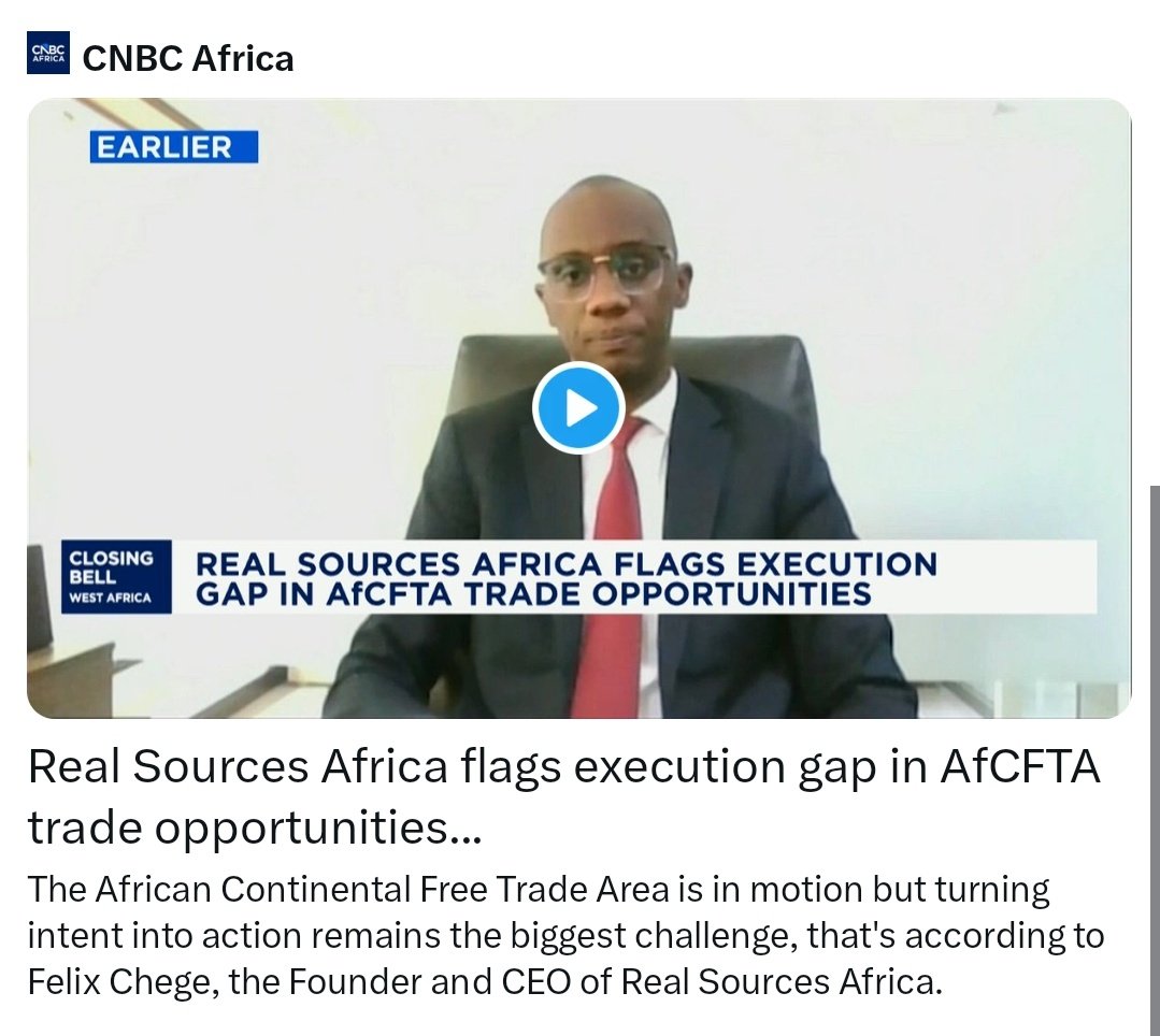 <a href="/realsources_/">Real Sources Africa</a> flags execution gap in #AfCFTA trade opportunities.

Click the link below to watch the interview: cnbcafrica.com/media/77715118…

<a href="/cnbcafrica/">CNBC Africa</a> 
#TradeConnect #Biasharalink #DealHouse