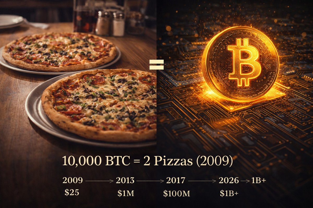💰 In 2009, a programmer bought two pizzas for 10,000 Bitcoin.

Today, that's worth $1 billion.

The most expensive meal in human history.

Those pizzas cost $25 in 2009.

By 2013, they were worth $1 million.
By 2017, $100 million.
By 2021, $600 million.
Today, over $1 billion.