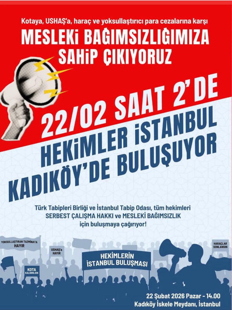 Meslegimiz,meslek onurumuz vede hastalarımıza daha iyisini yapabilmek için Kadıköyde buluşuyoruz.Hekimlik Kota,Harç,Yüksek tazminatlar(HATAMIZ YOKKEN) vede baskılarla YAPILAMAZ…..