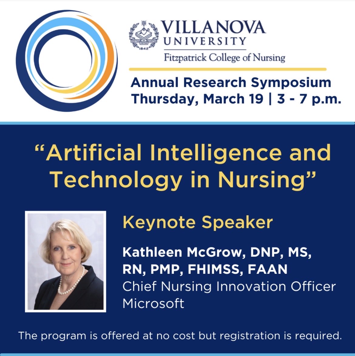 Annual Research Symposium
March 19 | 3–7 p.m.
Driscoll Hall
Keynote speaker: Dr. Kathleen McGrow, Chief Nursing Innovation Officer, Microsoft.
Join us to explore research advancing clinical excellence, education &amp; leadership.
Info &amp; registration: bit.ly/3OgXlnD