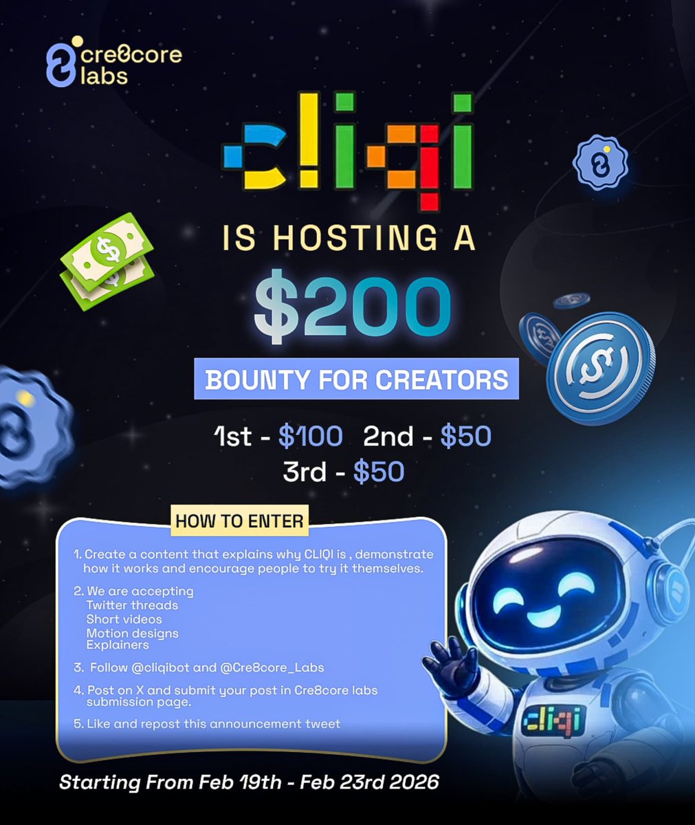 CLIQI $200 BOUNTY ALART 

Introducing the <a href="/cliqibot/">Cliqi</a> CREATOR BOUNTY on Cre8core Labs.

Cliqi let's you auto-buy tokens on <a href="/base/">Base</a> directly from X.

Create a content explaining how Cliqi works.
-videos
-threads
-walk-through 
They are all welcome.

$200 PRIZE POOL
3 WINNERS 🏆