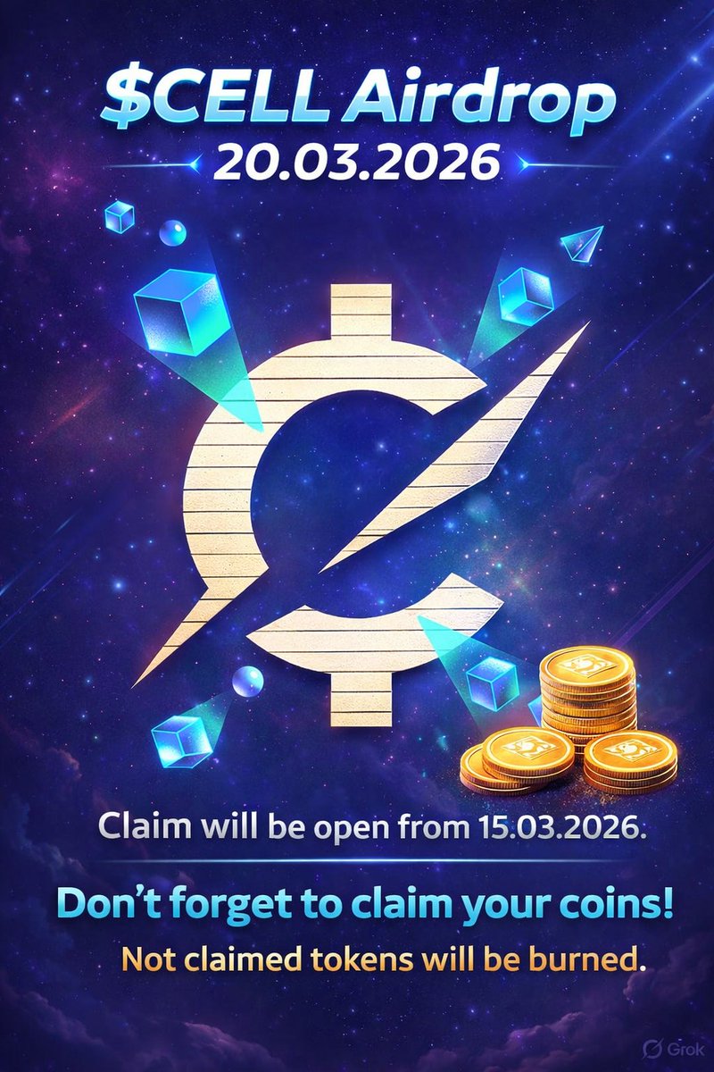 cell_blockchain's tweet photo. The $CELL Airdrop is officially scheduled.

🗓 Airdrop date: 20 March 2026
🔓 Claim opens: 15 March 2026
Make sure to claim your tokens in time.
All unclaimed $CELL will be burned.

The countdown begins.
#CELL #Blockchain #Crypto #Airdrop https://t.co/tUtfnUypb2