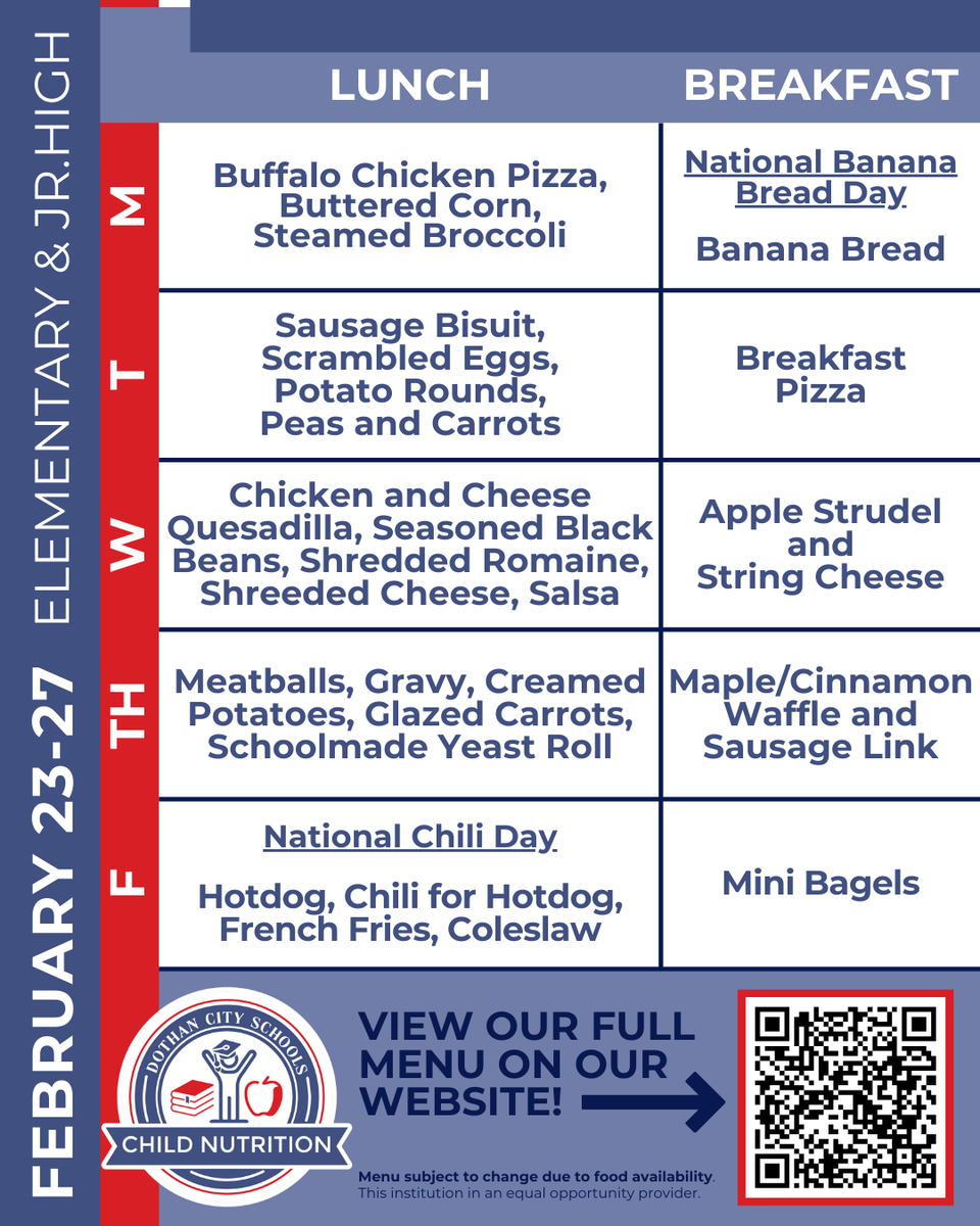 Experience deliciousness that's beyond ordinary. 🍴✨

Please see our complete menu on our website: dothan.k12.al.us/departments/ch…

*Menus are subject to change due to supply chain issues. Thank you for your patience and understanding!

#lovedothan #dothancityproud #DothanAL