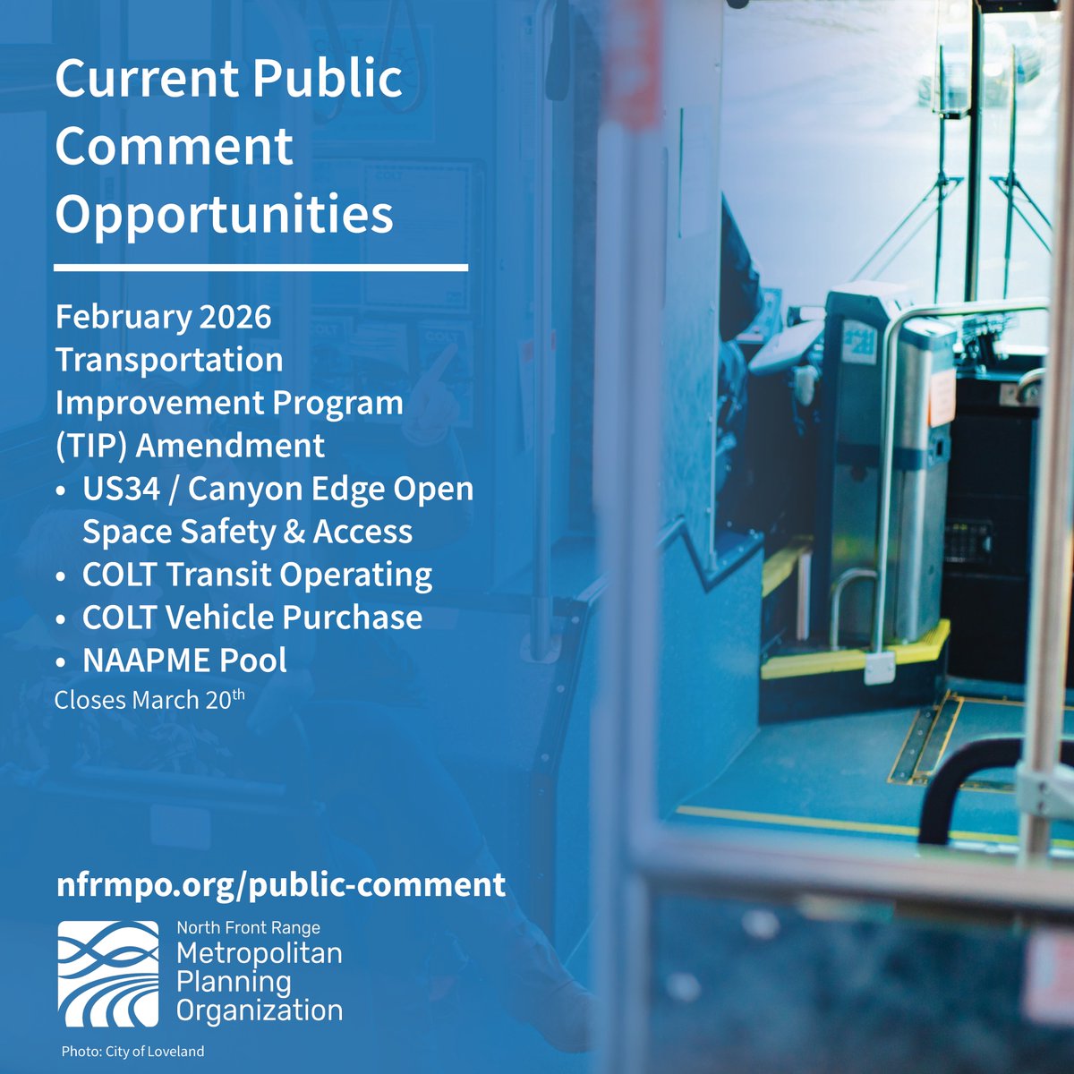 NFRMPO's tweet photo. The #NFRMPO has a public comment opportunity available for the February 2026 Transportation Improvement Program (TIP) Amendment available now! View the full details and share your comments online at https://t.co/VW2u9Wh69T. https://t.co/IzbA1g9Vbl